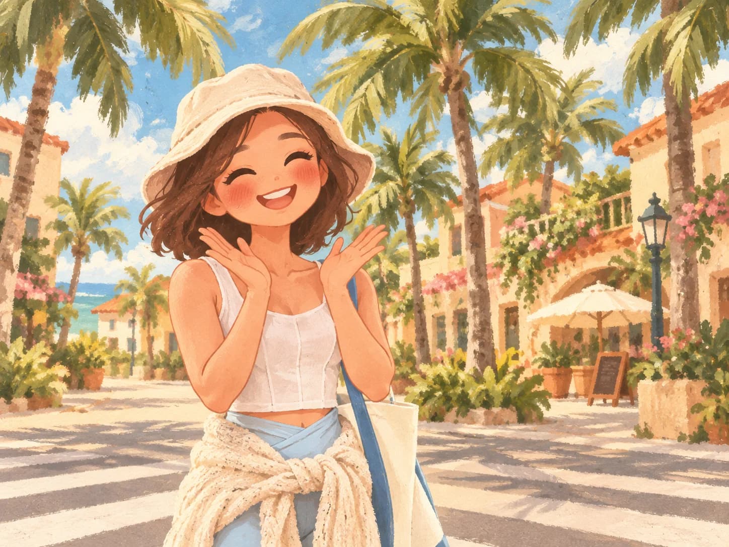 An illustrated traveler enjoying a palm-lined street in Hawaii