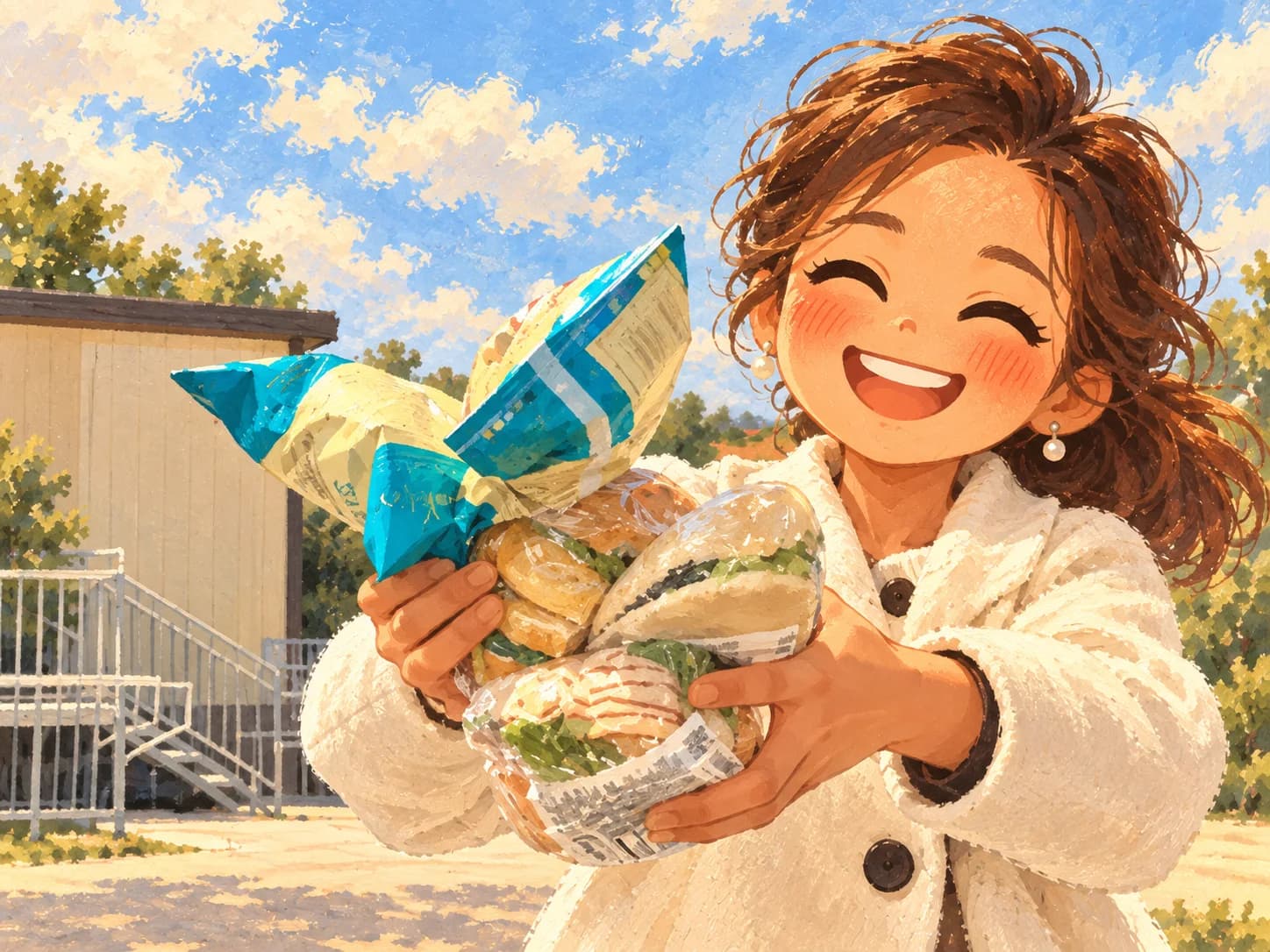 An illustrated woman smiling with an armful of sandwiches and snacks on a zoo day