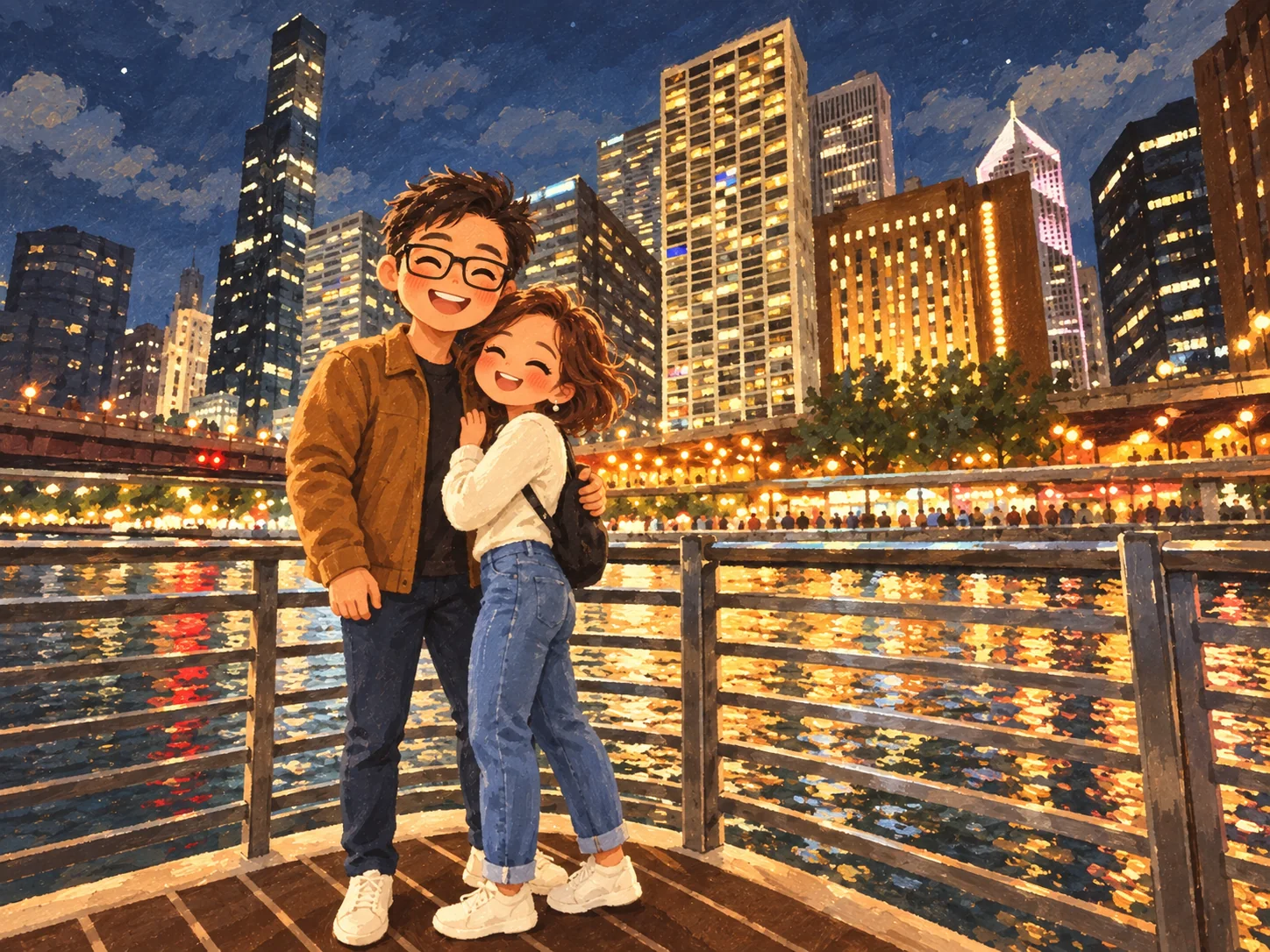 A couple beside the Chicago River at night in 2023